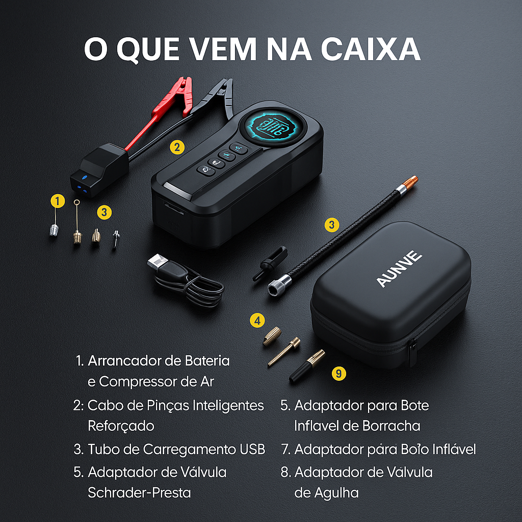 Jumper Portátil Multifuncional para Carro com Compressor de Ar